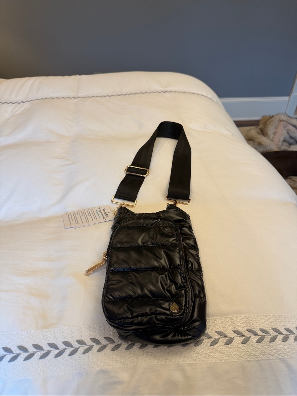 Women's Black Quilted Crossbody Sling Bag with Gold Accents